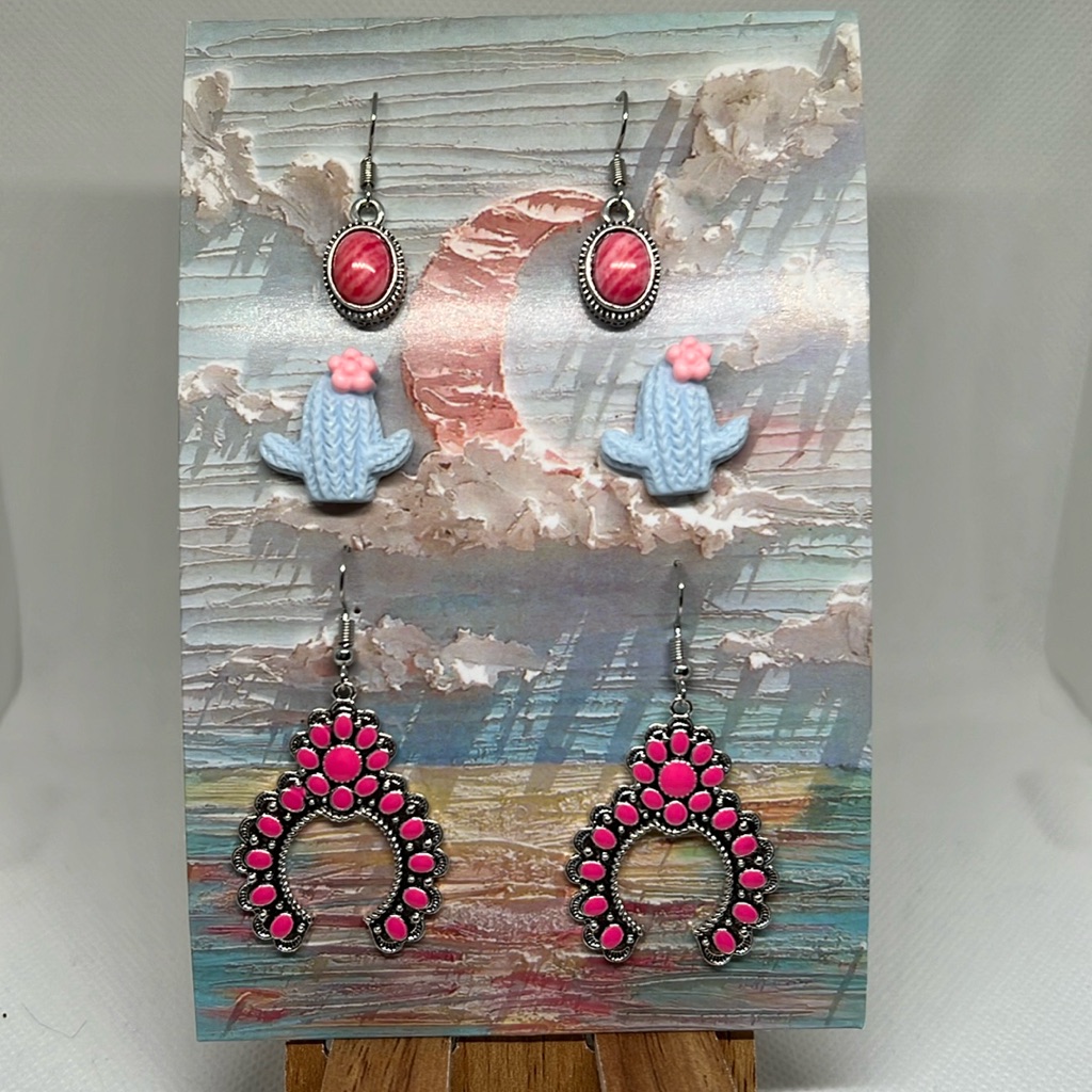 Kawaii Cowgirl Pink Silvertone Western Style Set Of 3 Pairs Of Earrings